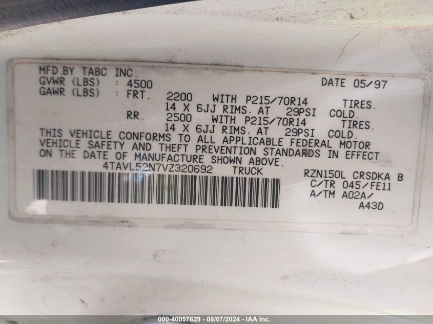 1997 Toyota Tacoma VIN: 4TAVL52N7VZ320692 Lot: 40057629