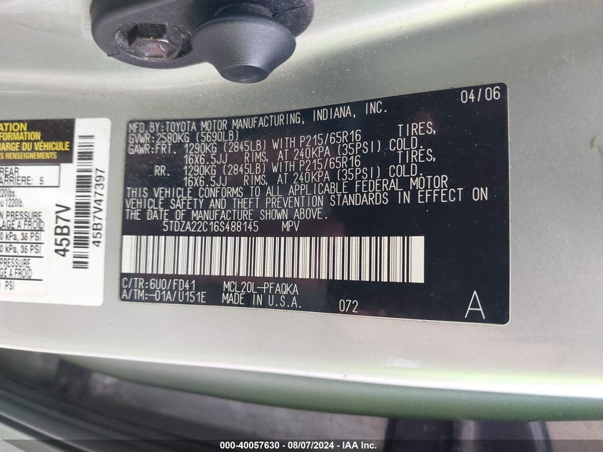 2006 Toyota Sienna Xle VIN: 5TDZA22C16S488145 Lot: 40057630