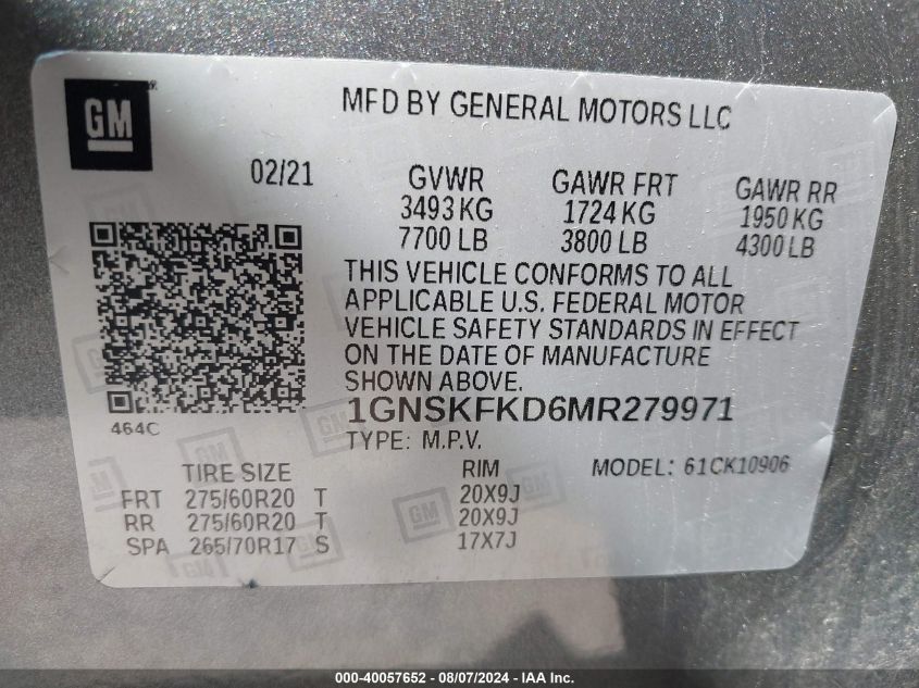 2021 Chevrolet Suburban 4Wd Premier VIN: 1GNSKFKD6MR279971 Lot: 40057652