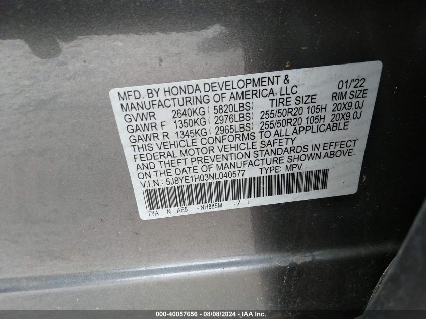 5J8YE1H03NL040577 2022 Acura Mdx A-Spec Package