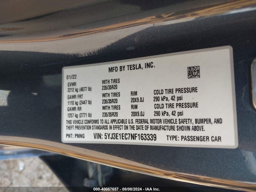 2022 Tesla Model 3 Performance Dual Motor All-Wheel Drive VIN: 5YJ3E1EC7NF163339 Lot: 40057657