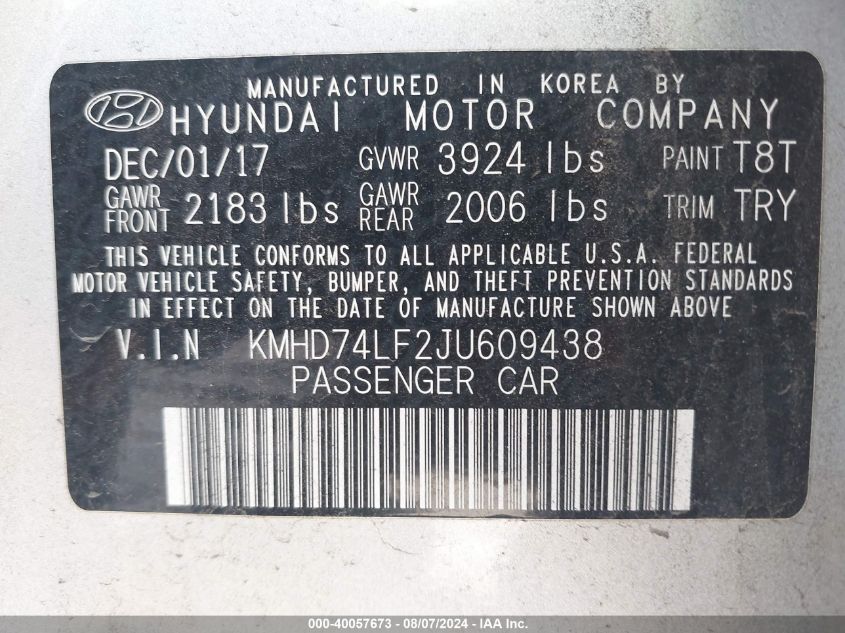 2018 Hyundai Elantra Se VIN: KMHD74LF2JU609438 Lot: 40057673