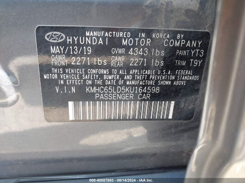 2019 Hyundai Ioniq Plug-In Hybrid VIN: KMHC65LD5KU164598 Lot: 40057693