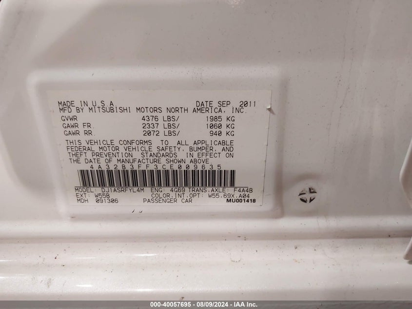 2012 Mitsubishi Galant Es/Se VIN: 4A32B3FF3CE009635 Lot: 40057695