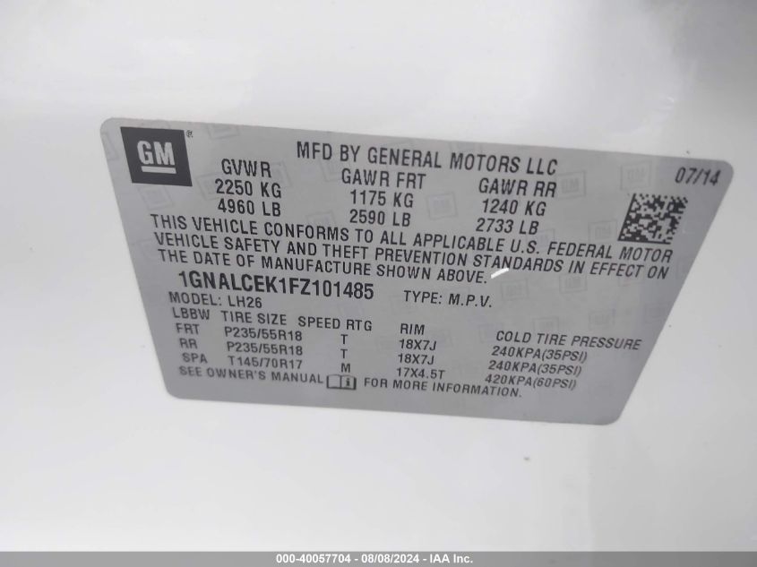 2015 Chevrolet Equinox 2Lt VIN: 1GNALCEK1FZ101485 Lot: 40057704