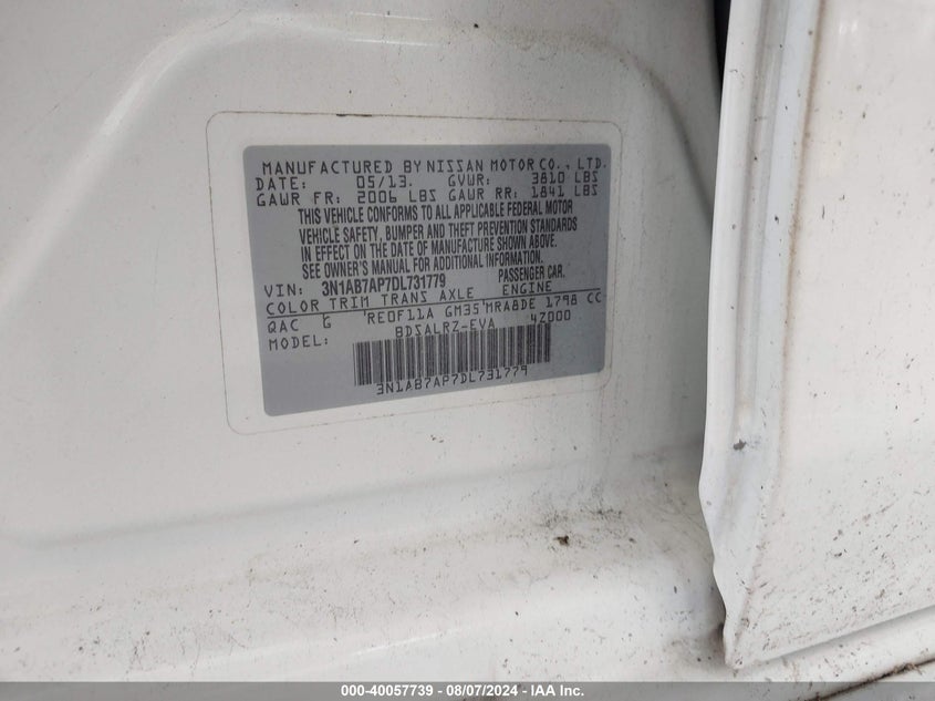 2013 Nissan Sentra Sr VIN: 3N1AB7AP7DL731779 Lot: 40057739