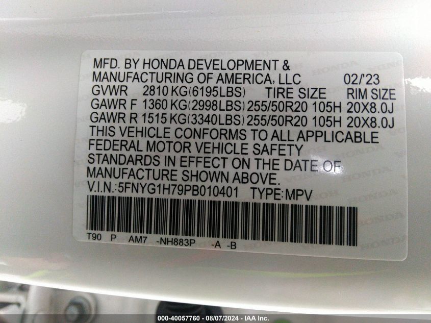 2023 Honda Pilot Awd Touring VIN: 5FNYG1H79PB010401 Lot: 40057760