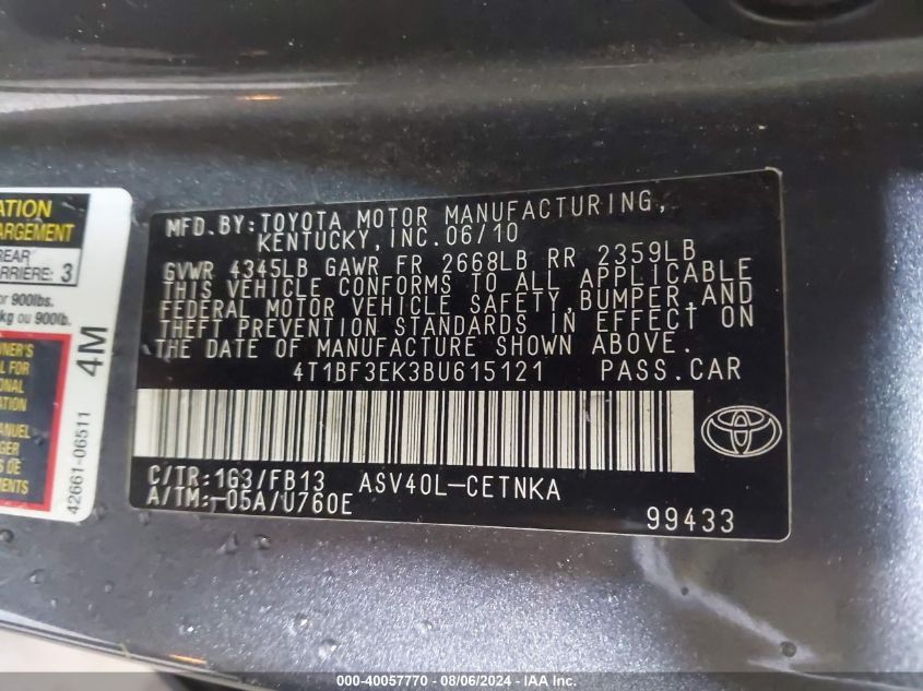 4T1BF3EK3BU615121 2011 Toyota Camry Le