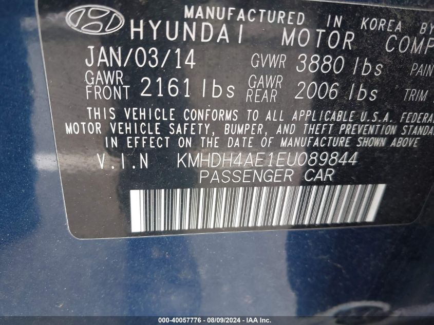 2014 Hyundai Elantra Se VIN: KMHDH4AE1EU089844 Lot: 40057776