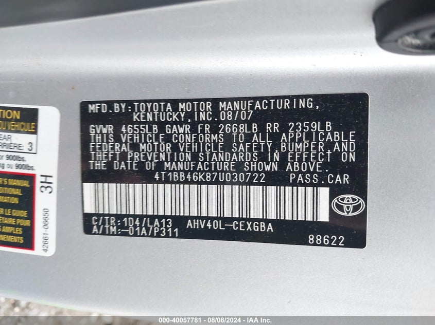 2007 Toyota Camry Hybrid VIN: 4T1BB46K87U030722 Lot: 40057781