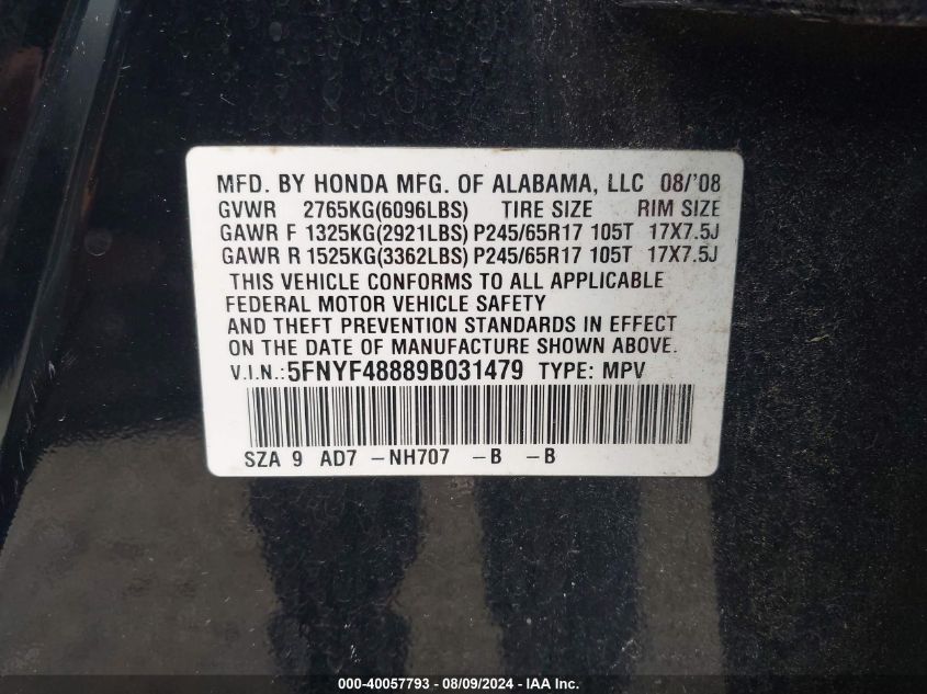 2009 Honda Pilot Touring VIN: 5FNYF48889B031479 Lot: 40057793
