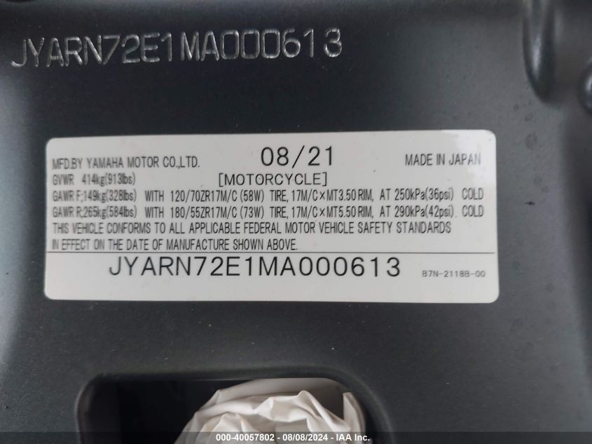 JYARN72E1MA000613 2021 Yamaha Mt09 D