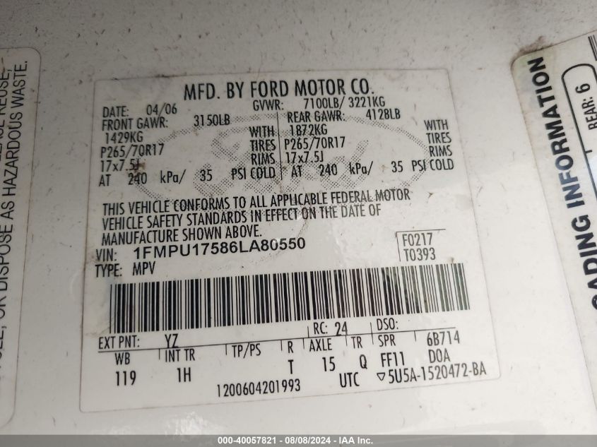 2006 Ford Expedition Eddie Bauer/King Ranch VIN: 1FMPU17586LA80550 Lot: 40057821