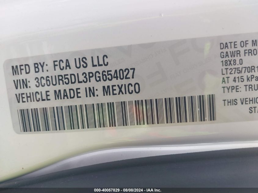 2023 Ram 2500 Big Horn 4X4 6'4 Box VIN: 3C6UR5DL3PG654027 Lot: 40057829