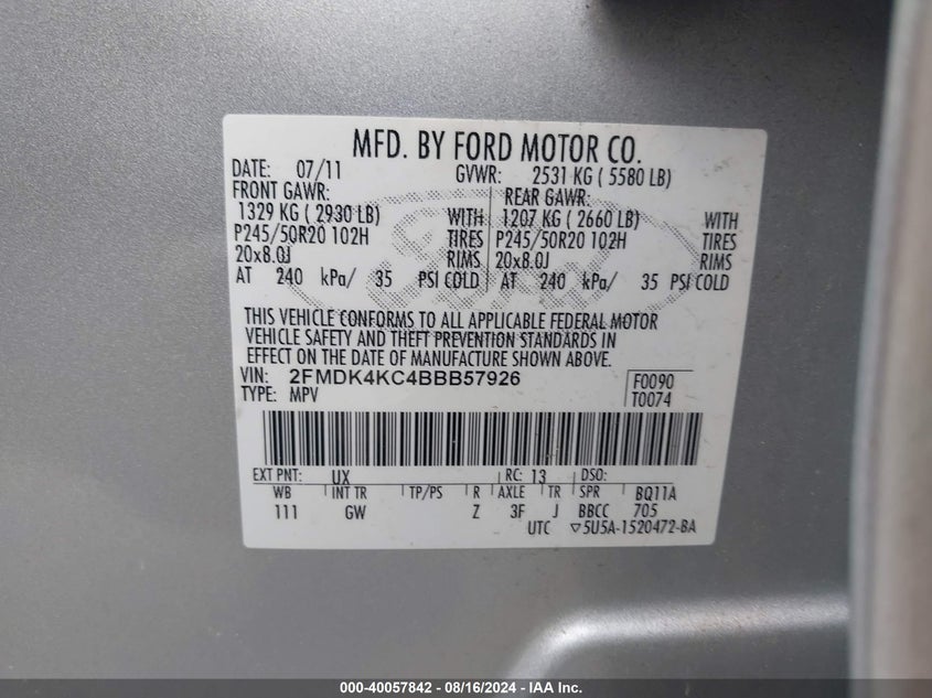 2011 Ford Edge Limited VIN: 2FMDK4KC4BBB57926 Lot: 40057842