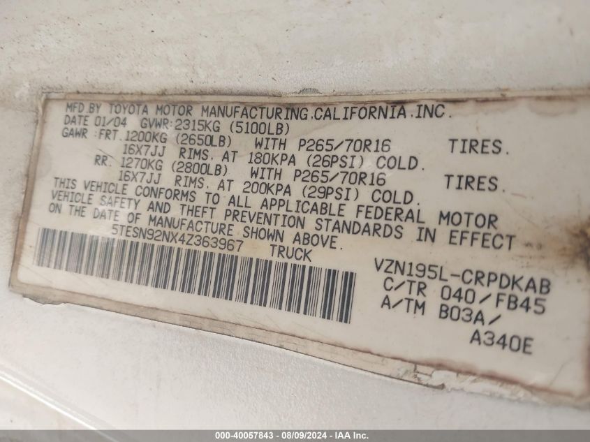 2004 Toyota Tacoma Prerunner V6 VIN: 5TESN92NX4Z363967 Lot: 40057843