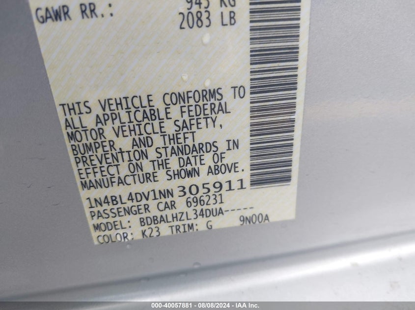 2022 Nissan Altima Sv Fwd VIN: 1N4BL4DV1NN305911 Lot: 40057881