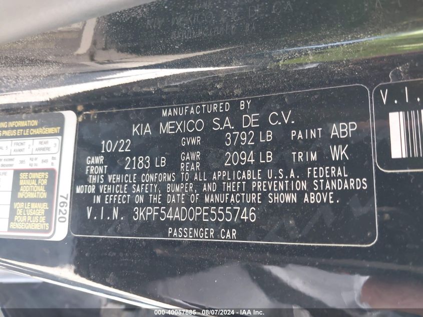 2023 Kia Forte Gt-Line VIN: 3KPF54AD0PE555746 Lot: 40057885