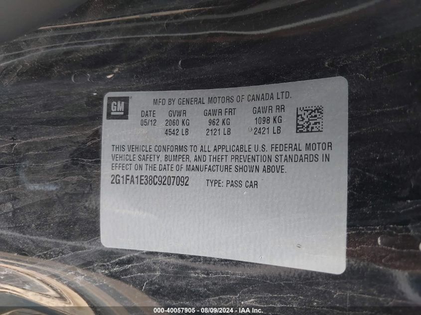 2012 Chevrolet Camaro 2Ls VIN: 2G1FA1E38C9207092 Lot: 40057905