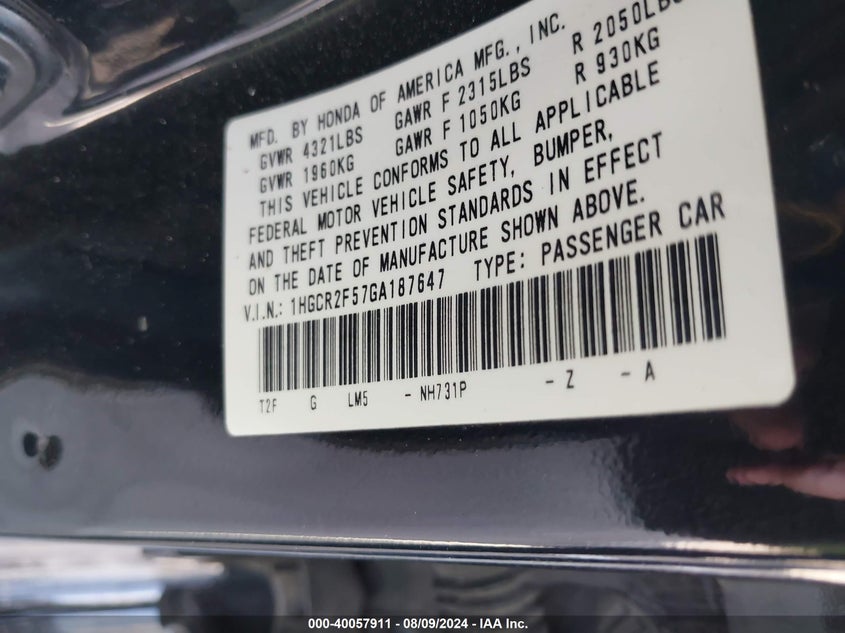 2016 HONDA ACCORD SPORT VIN: 1HGCR2F57GA187647