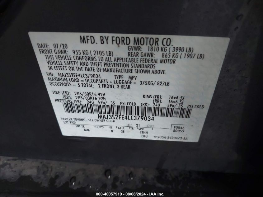 2020 Ford Ecosport S VIN: MAJ3S2FE4LC379034 Lot: 40057919