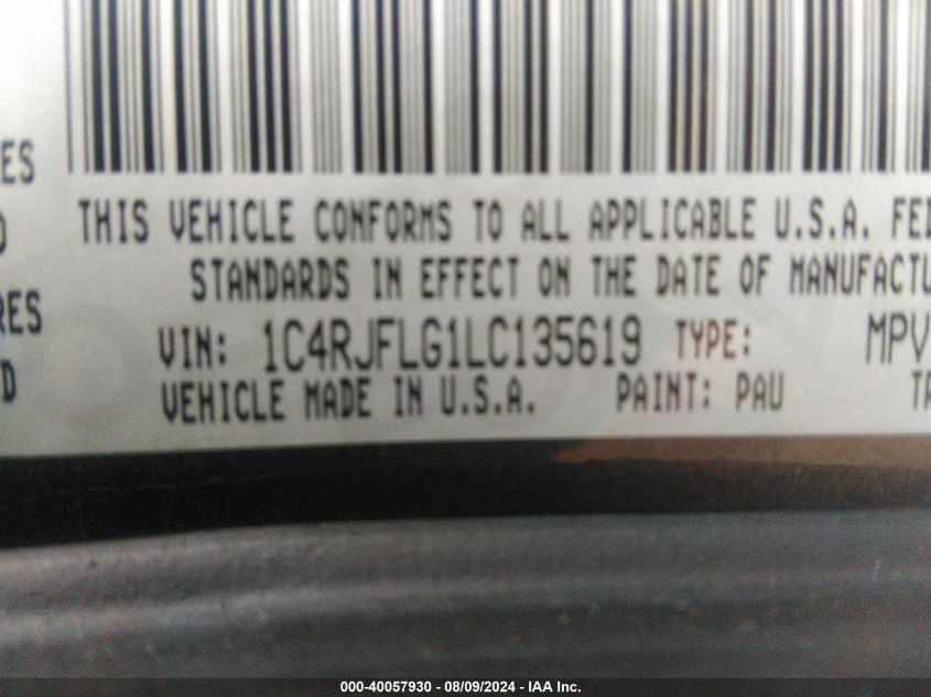 2020 Jeep Grand Cherokee Trailhawk 4X4 VIN: 1C4RJFLG1LC135619 Lot: 40057930