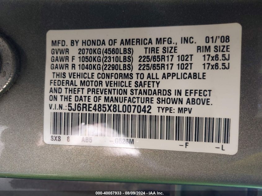 2008 Honda Cr-V Ex VIN: 5J6RE485X8L007042 Lot: 40057933