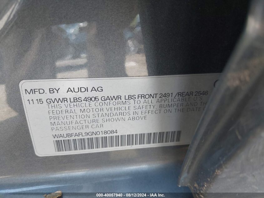 2016 Audi A4 2.0T Premium VIN: WAUBFAFL9GN018084 Lot: 40057940