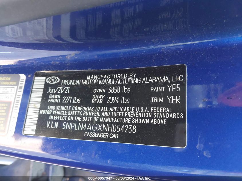 2022 Hyundai Elantra Sel VIN: 5NPLN4AGXNH054238 Lot: 40057947