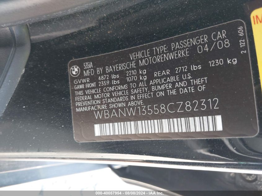2008 BMW 535 I VIN: WBANW13558CZ82312 Lot: 40057954