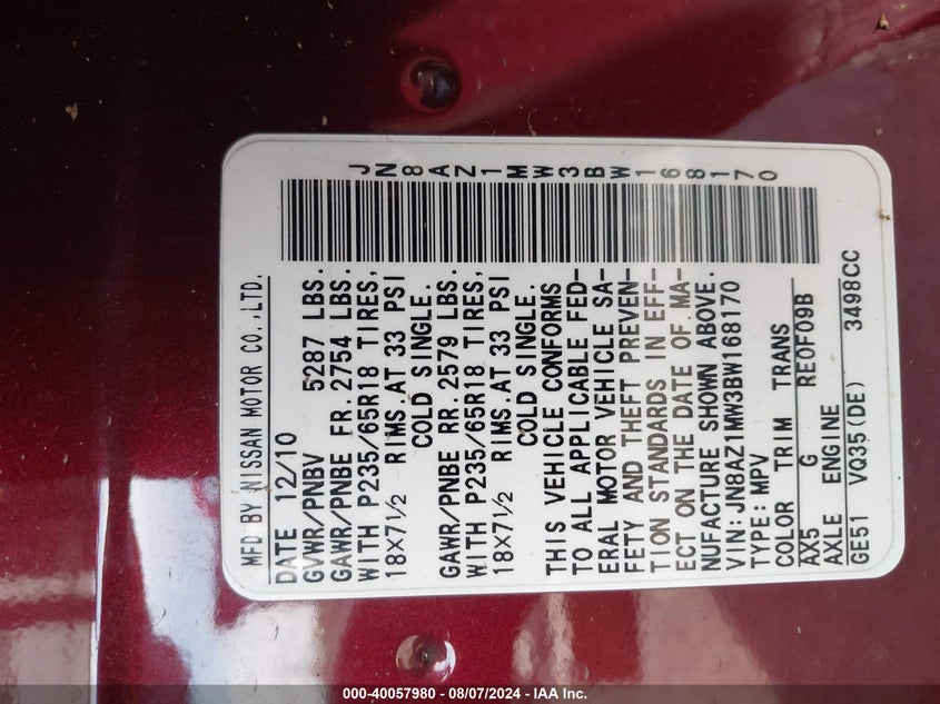 2011 Nissan Murano Sl VIN: JN8AZ1MW3BW168170 Lot: 40057980