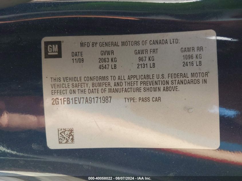 2010 Chevrolet Camaro 1Lt VIN: 2G1FB1EV7A9171987 Lot: 40058022