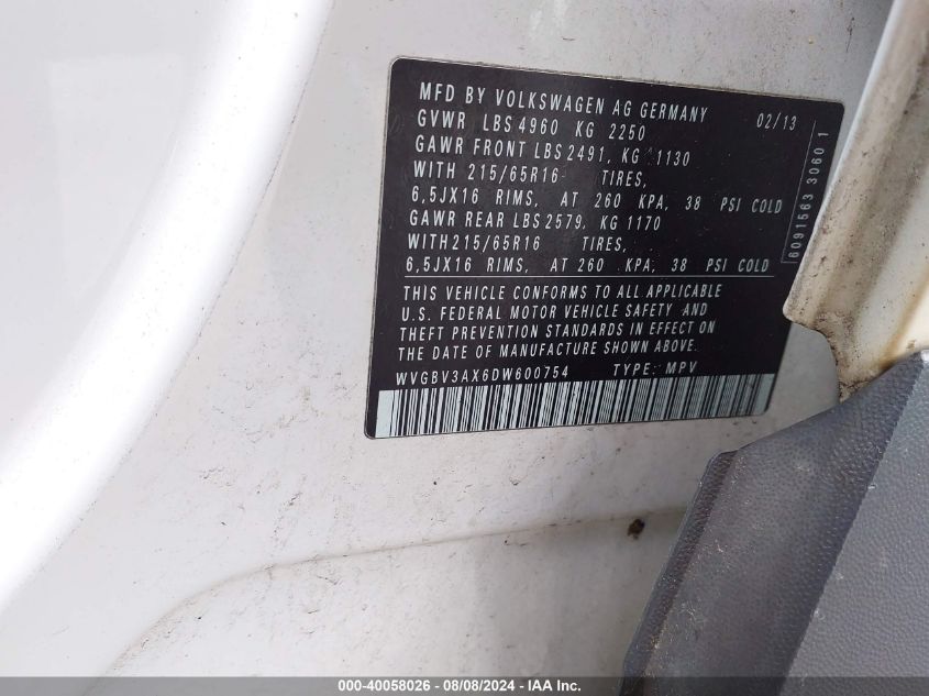 2013 Volkswagen Tiguan S VIN: WVGBV3AX6DW600754 Lot: 40058026