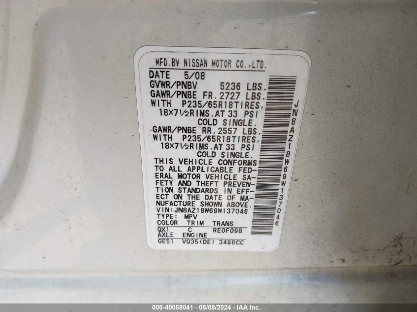 2009 Nissan Murano Sl VIN: JN8AZ18W69W137046 Lot: 40058041