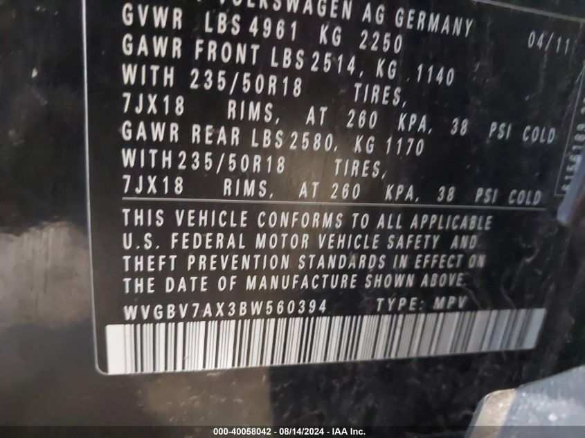 WVGBV7AX3BW560394 2011 Volkswagen Tiguan Se