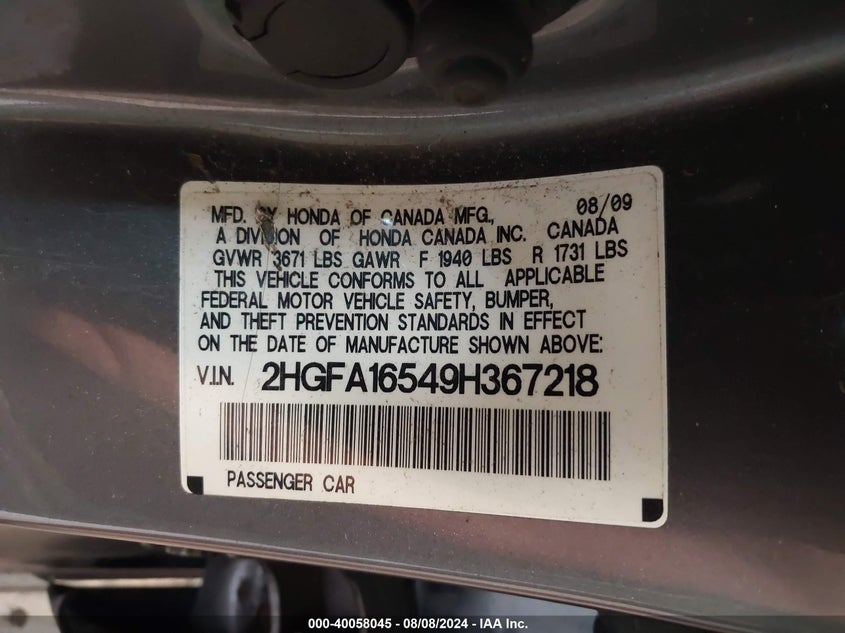 2009 Honda Civic Lx VIN: 2HGFA16549H367218 Lot: 40058045