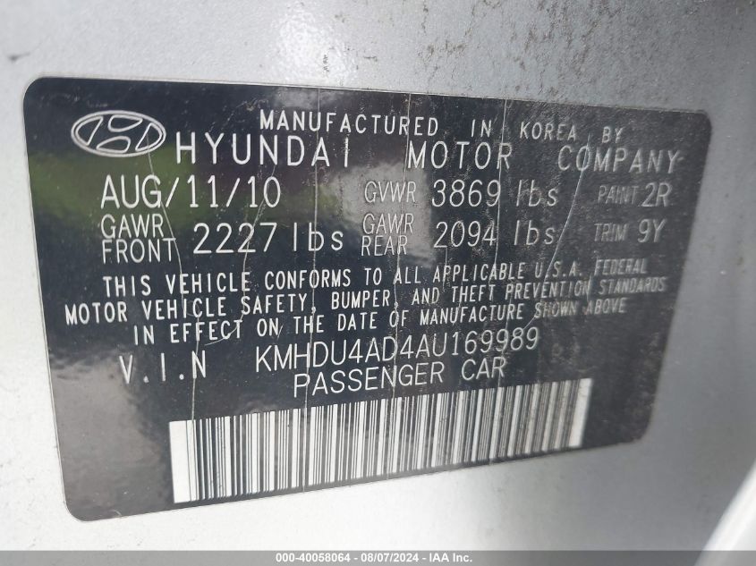 2010 Hyundai Elantra Gls VIN: KMHDU4AD4AU169989 Lot: 40058064