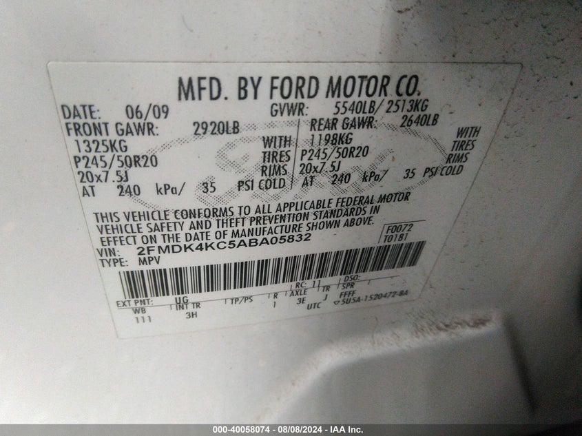 2010 Ford Edge Limited VIN: 2FMDK4KC5ABA05832 Lot: 40058074