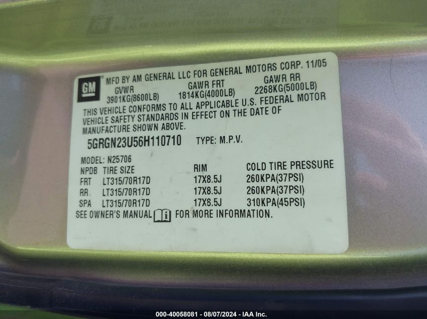 2006 Hummer H2 Suv VIN: 5GRGN23U56H110710 Lot: 40058081