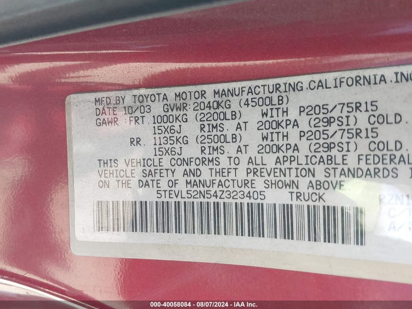 2004 Toyota Tacoma VIN: 5TEVL52N54Z323405 Lot: 40058084