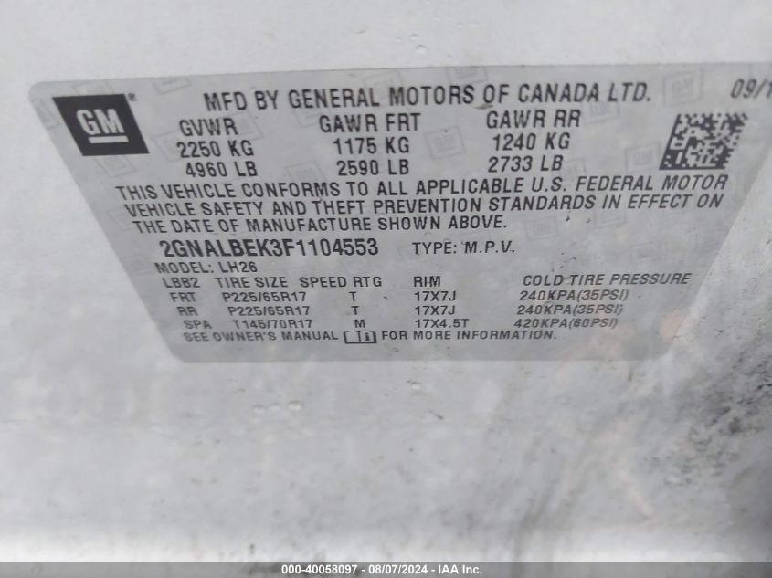 2015 Chevrolet Equinox 1Lt VIN: 2GNALBEK3F1104553 Lot: 40058097