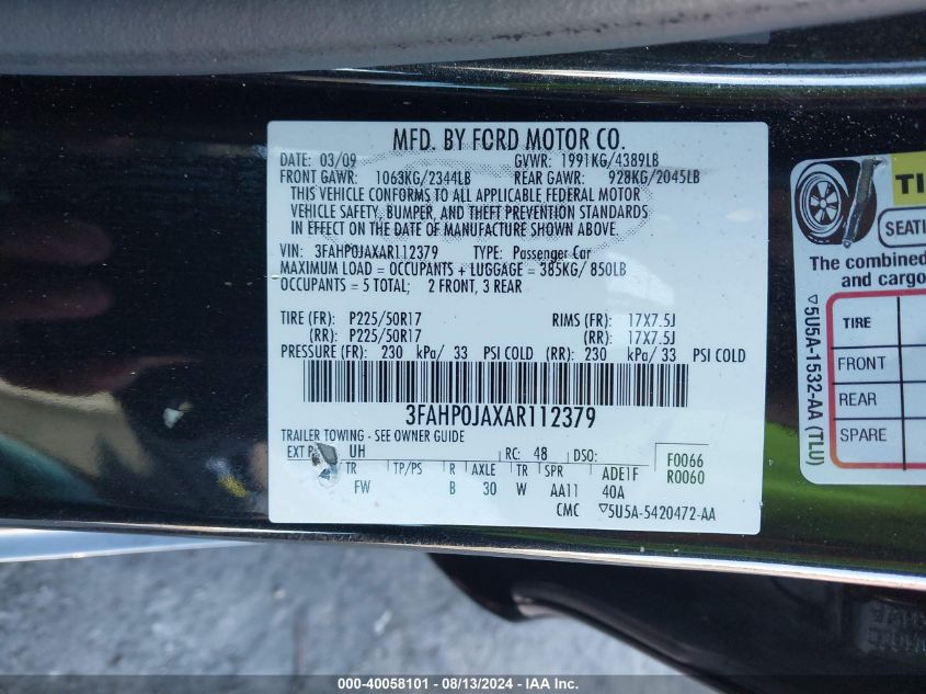 2010 Ford Fusion Sel VIN: 3FAHP0JAXAR112379 Lot: 40058101