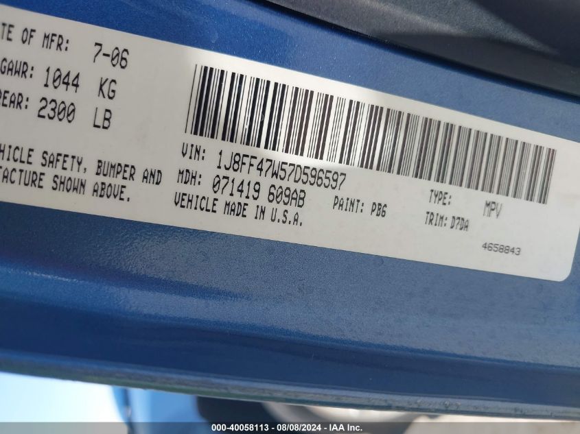 2007 Jeep Compass Sport VIN: 1J8FF47W57D596597 Lot: 40058113