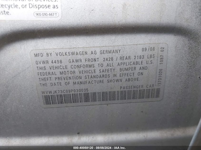 2009 Volkswagen Passat Komfort VIN: WVWJK73C09P030035 Lot: 40058120