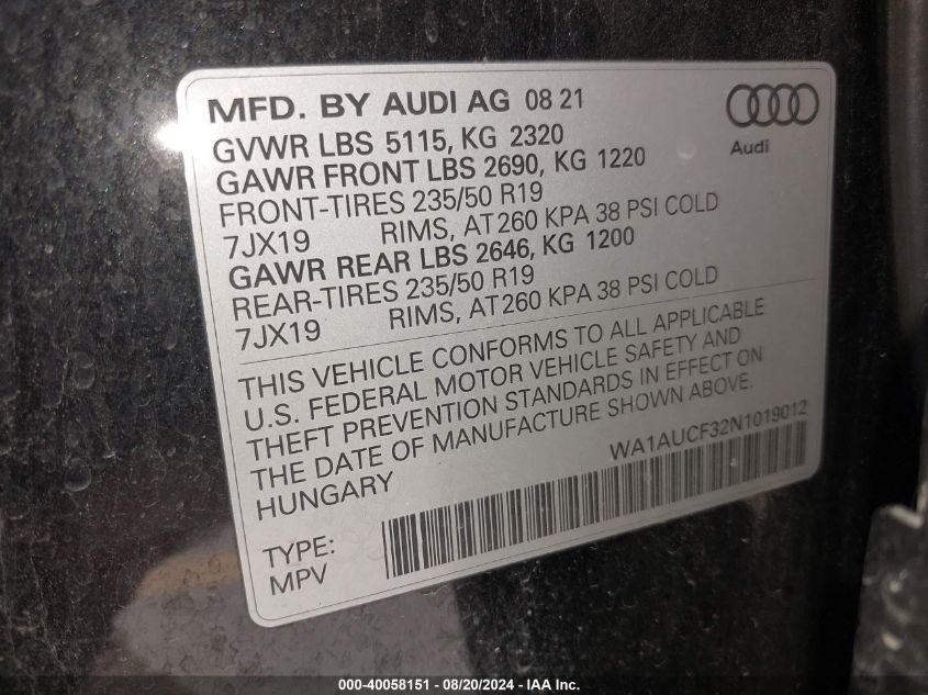 2022 Audi Q3 Premium 40 Tfsi Quattro Tiptronic VIN: WA1AUCF32N1019012 Lot: 40058151