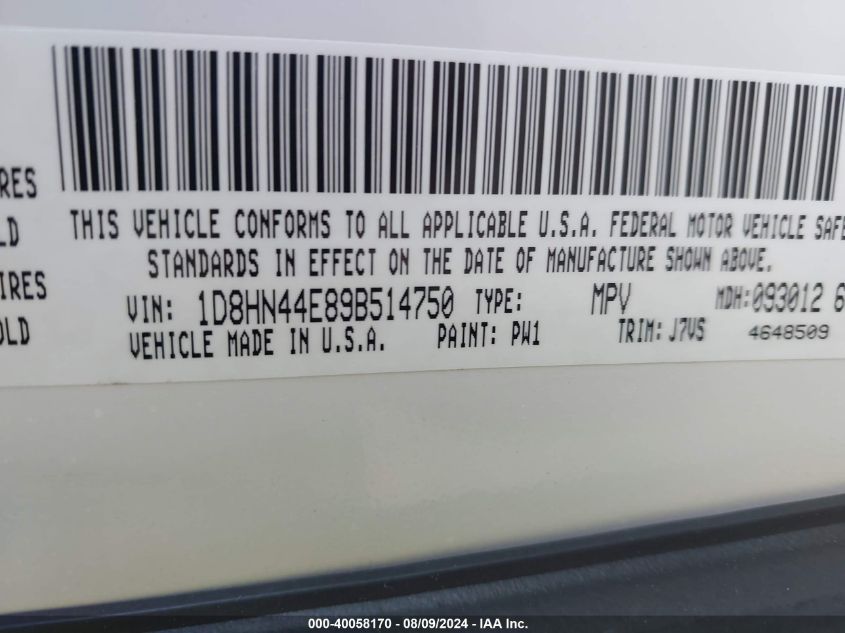 2009 Dodge Grand Caravan Se VIN: 1D8HN44E89B514750 Lot: 40058170