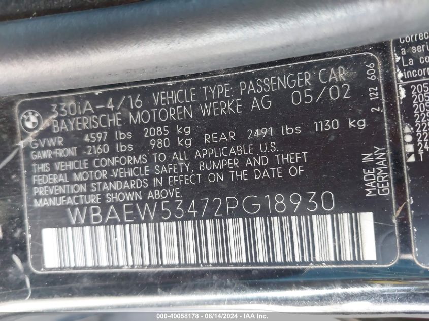 2002 BMW 330Xi VIN: WBAEW53472PG18930 Lot: 40058178