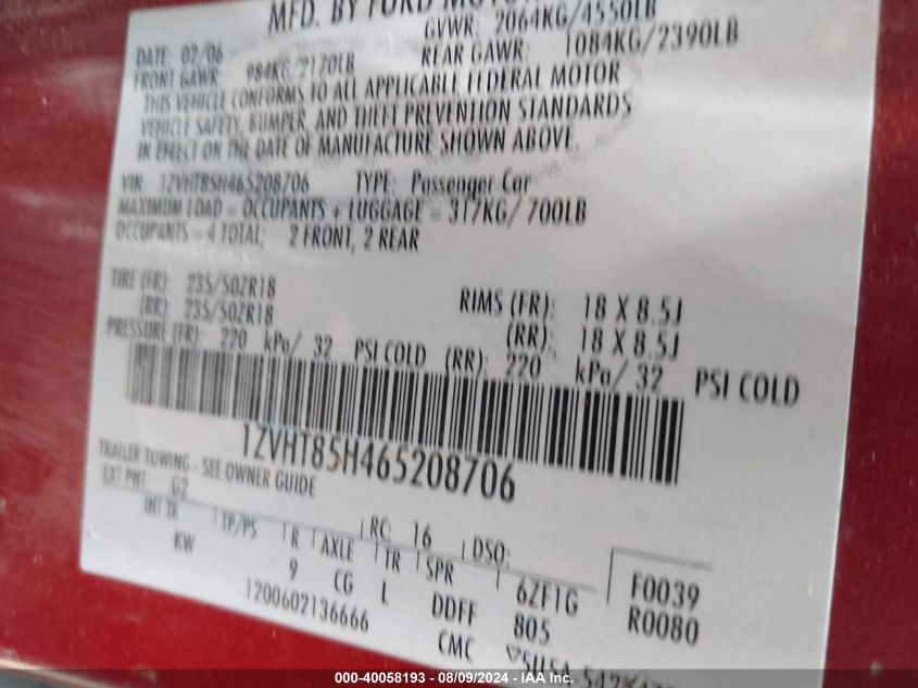 2006 Ford Mustang Gt VIN: 1ZVHT85H465208706 Lot: 40058193