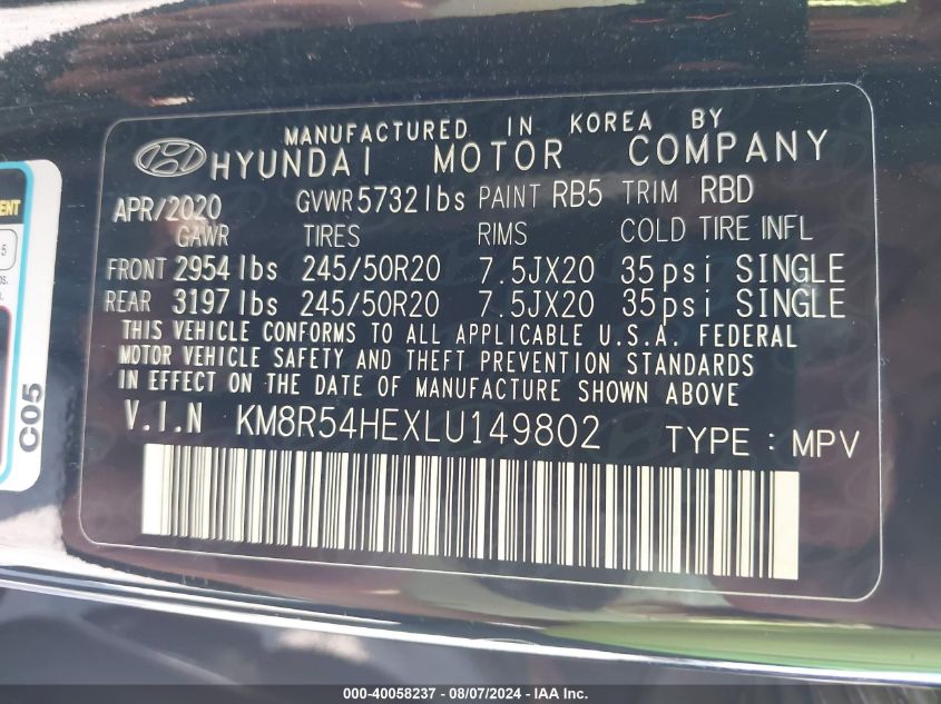 2020 Hyundai Palisade Limited VIN: KM8R54HEXLU149802 Lot: 40058237