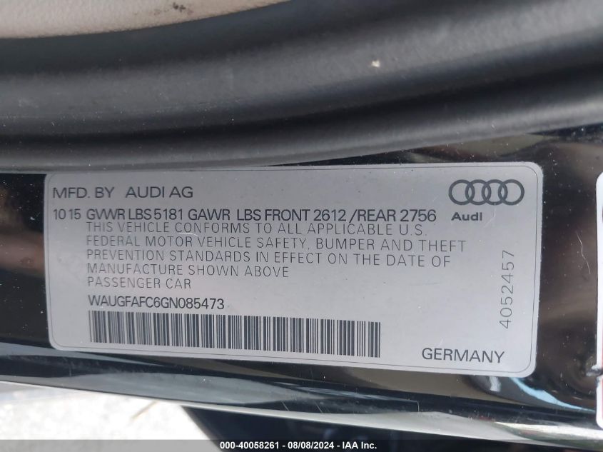 2016 Audi A6 2.0T Premium Plus VIN: WAUGFAFC6GN085473 Lot: 40058261